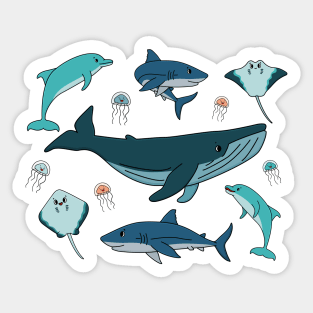 cartoon ocean and sea happy animals. Whale, dolphin, shark, stingray of two types, jellyfish Sticker